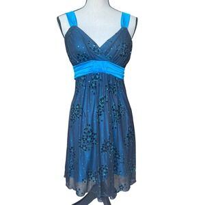Deb Mini Party‎ Dress M Blue Black Velvet Floral Sleeveless 90's Vtg Goth Fairy